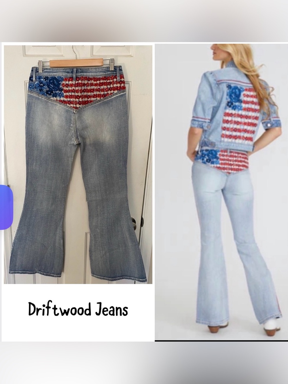 DRIFTWOOD Light Blue Patriotic Flare Jeans with Red and Blue Accents